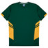 A green t-shirt featuring yellow accents and a logo, designed for kids.