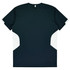 A dark green T-shirt featuring white detailing on the sides, with a logo on the back.