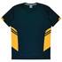 A dark green T-shirt with yellow sleeve accents and side stripes, featuring a logo on the label.