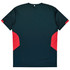 A dark green t-shirt featuring red accents on the sides and a logo on the back.