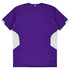 A purple t-shirt with white side panels and a logo on the back. Ideal for casual wear.