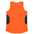 An orange singlet with black panels on the sides, featuring a logo on the back.