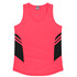 A pink singlet featuring black accents and side stripes, designed for women's wear, with a logo present.