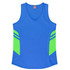 A blue singlet with green accents and a logo, featuring a V-neck design and athletic styling.