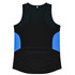 A black singlet featuring blue side panels and a simple design. It has a logo on the front.
