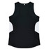 A black women's singlet with white side panels and a logo. The design is sporty and sleek.