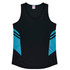A black singlet featuring blue side panels and a logo on the upper centre.