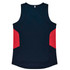 A sleeveless singlet in navy with red side panels, featuring a logo on the back.
