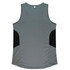 A grey singlet with black side panels and a logo on the back, featuring a comfortable sleeveless design.