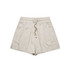 A pair of beige sports shorts with an elastic waist and side slits. The shorts have a logo on them.