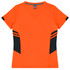 An orange V-neck T-shirt with black side panels and stripes. It features a logo on the label.