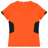 An orange women's t-shirt with black side panels and a logo on the back.