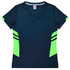 A navy T-shirt with vibrant green accents and a V-neck design, featuring a logo.