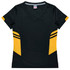 A black and yellow women's T-shirt with a V-neck and contrasting side panels. It features a branding logo.