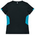 A black women's t-shirt featuring blue side panels and a logo on the back.