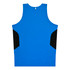 A blue singlet with black side panels and a logo on the back. 