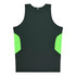 A dark green singlet with bright green side panels and a logo on the back.