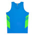 A blue singlet featuring bright green accents and branding. Ideal for active wear or casual outings.