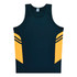 A navy blue singlet featuring yellow side panels and stripes, with a logo on the front.