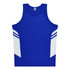 A blue singlet with white side panels and a logo on the chest. Suitable for kids.