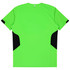 A bright green T-shirt with black accents on the sides, featuring a branding logo.