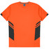 An orange men's T-shirt featuring black side panels and a logo. Suitable for casual wear or sports activities.