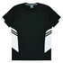 A black T-shirt with white accents and stripes on the sides. It features a logo on the collar.