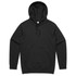 A black hoodie with a front pocket and drawstring. It features a hood and long sleeves.