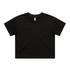 A black cropped t-shirt with short sleeves and a round neckline, featuring a small logo.
