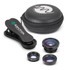 A 3-in-1 lens kit with a black clip and three lenses, including macro and wide-angle, in a black carrying case.