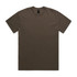 A heavy faded tee in earthy brown colour with a round neckline and short sleeves, featuring a logo.