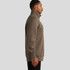 A brown half-zip crew jumper, featuring a stand-up collar and a side view of a model. The garment has a logo.