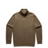 A khaki sweater featuring a half zip design, with long sleeves and a ribbed neckline. It has a logo.