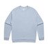 A light blue sweater featuring a round neckline and long sleeves, with a small logo on the label.