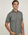 A grey men's sustainable poly/cotton polo shirt with a collar and short sleeves, featuring a logo.