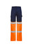 Hi-vis taped work pants in navy and orange with reflective strips and cargo pockets. Features a logo on the back.