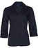 A women's black Teflon button-up shirt with 3/4 sleeves and a collar, featuring a logo.
