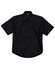 A black short sleeve button-up shirt featuring a pocket and a branded label.