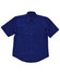 A navy short sleeve button-up shirt with a collar and one chest pocket, featuring a logo.