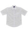 A white short sleeve button-up shirt with a chest pocket and a collar. It features a logo on the tag.