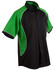 A black button-up shirt with green contrast panels and white piping. It has a pocket on the front and features a logo.