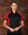 A women's button-up shirt in black with red contrast and white piping, featuring a logo on the chest.