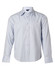 A light blue pinstripe button-up shirt with long sleeves and a chest pocket, featuring a logo on the collar.
