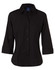 A black striped long sleeve button-up shirt with a collar and rolled cuffs. Features a logo on the chest.