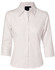 A ladies' pinstripe long sleeve shirt in cream, featuring a button-up front and a collar. The shirt has a logo.