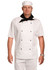 A short sleeve white chef's jacket with black buttons and a black neck scarf, worn by a male model.