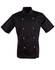 A black short sleeve chef's jacket featuring a double-breasted design and decorative buttons. It has a logo on the chest.