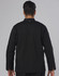 A black men's chef jacket with long sleeves and a collar, featuring a back vent and a logo.