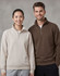 A navy 1/2 zip collar fleecy jumper featuring a front pocket and a logo on the chest.