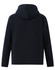 A men's full-zip fleecy hoodie in navy blue, featuring a hood and long sleeves, with a logo on the back.